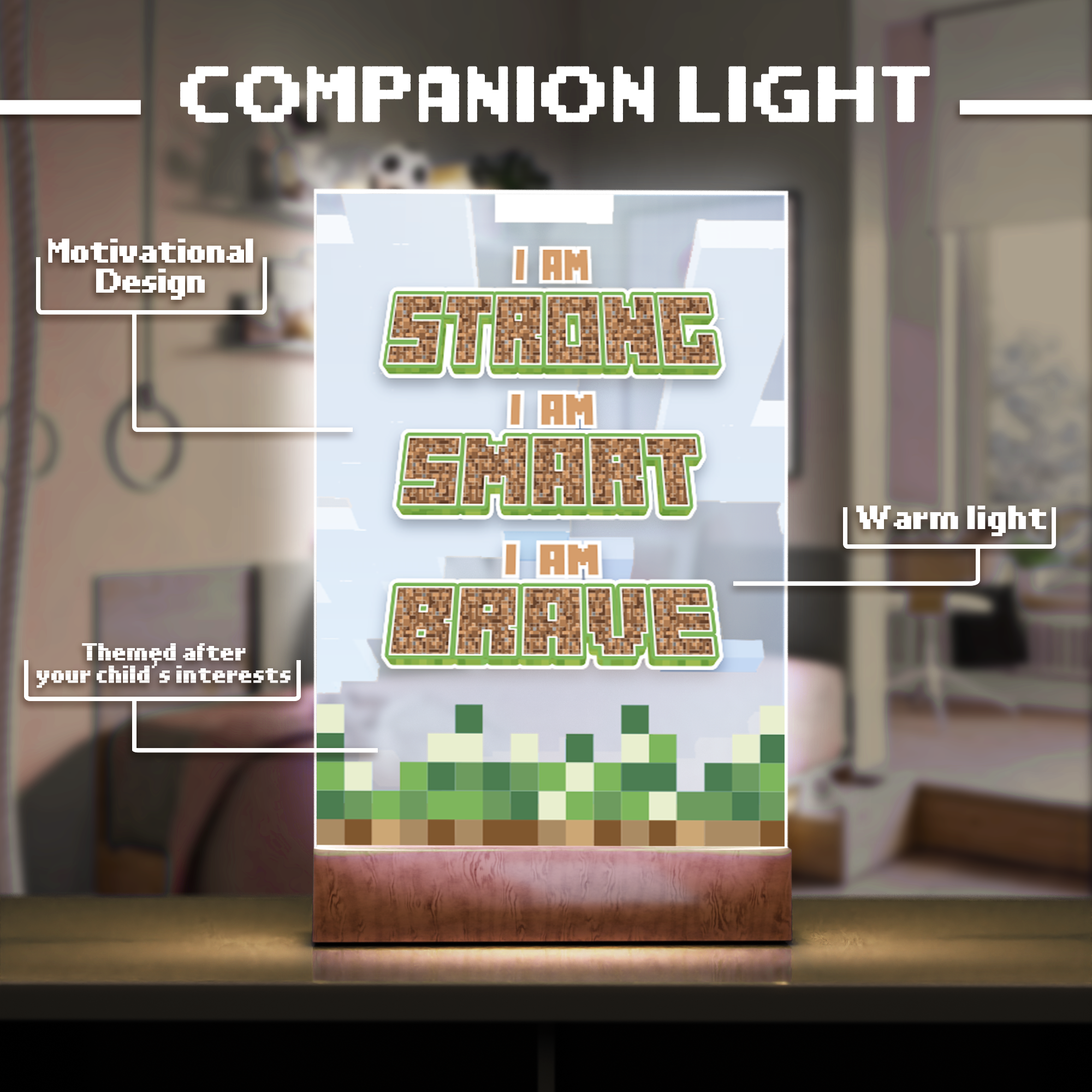 Pixel Block Motivational LED Night Light — “I Am Strong, Smart, Brave”