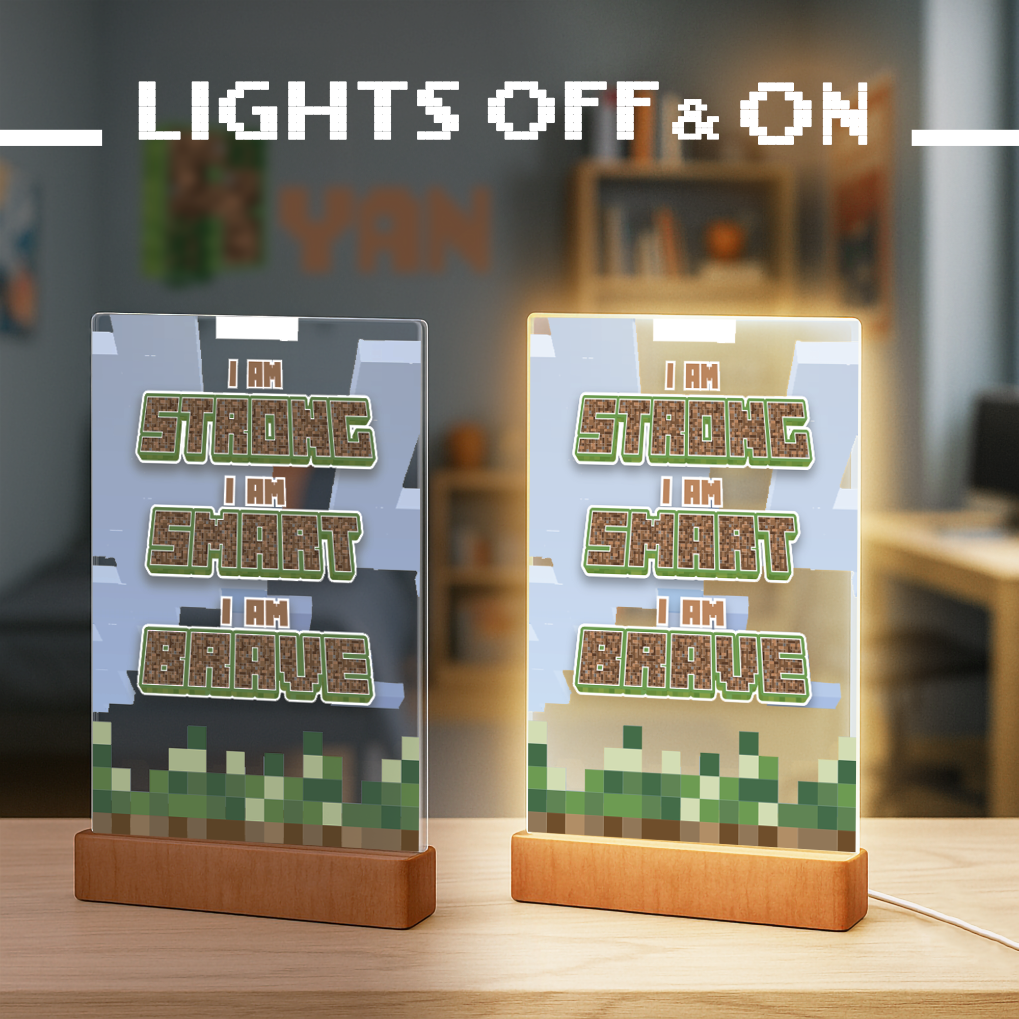 Pixel Block Motivational LED Night Light — “I Am Strong, Smart, Brave”