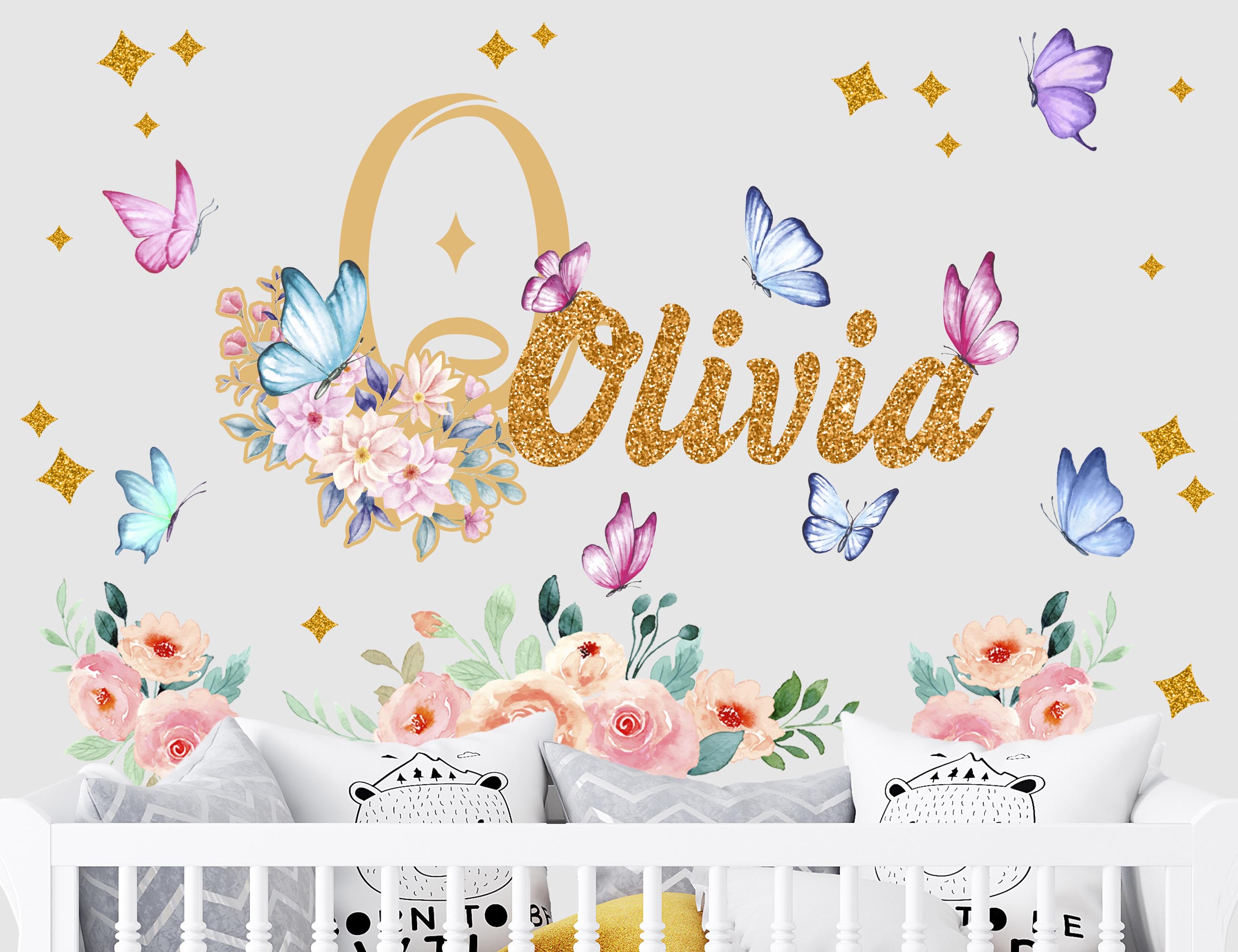 Flower Decals for Walls - Butterfly Stickers - Upgrade Your Custom Name