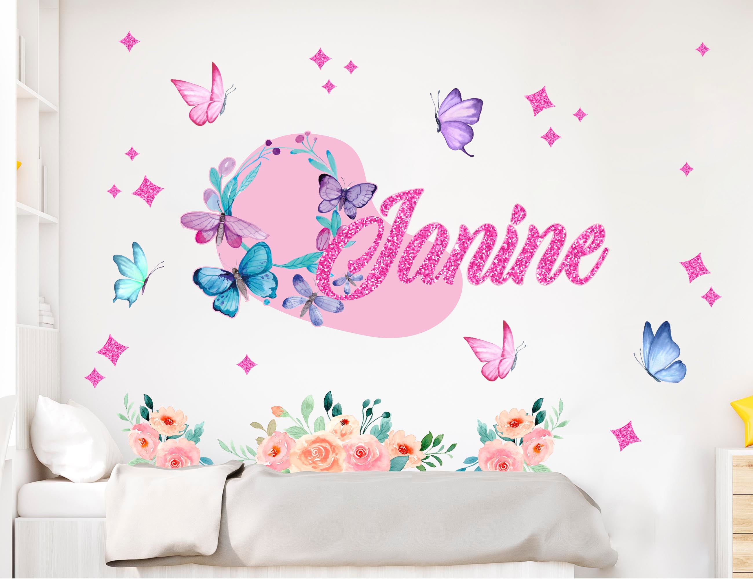 Flower Decals for Walls - Butterfly Stickers - Upgrade Your Custom Name