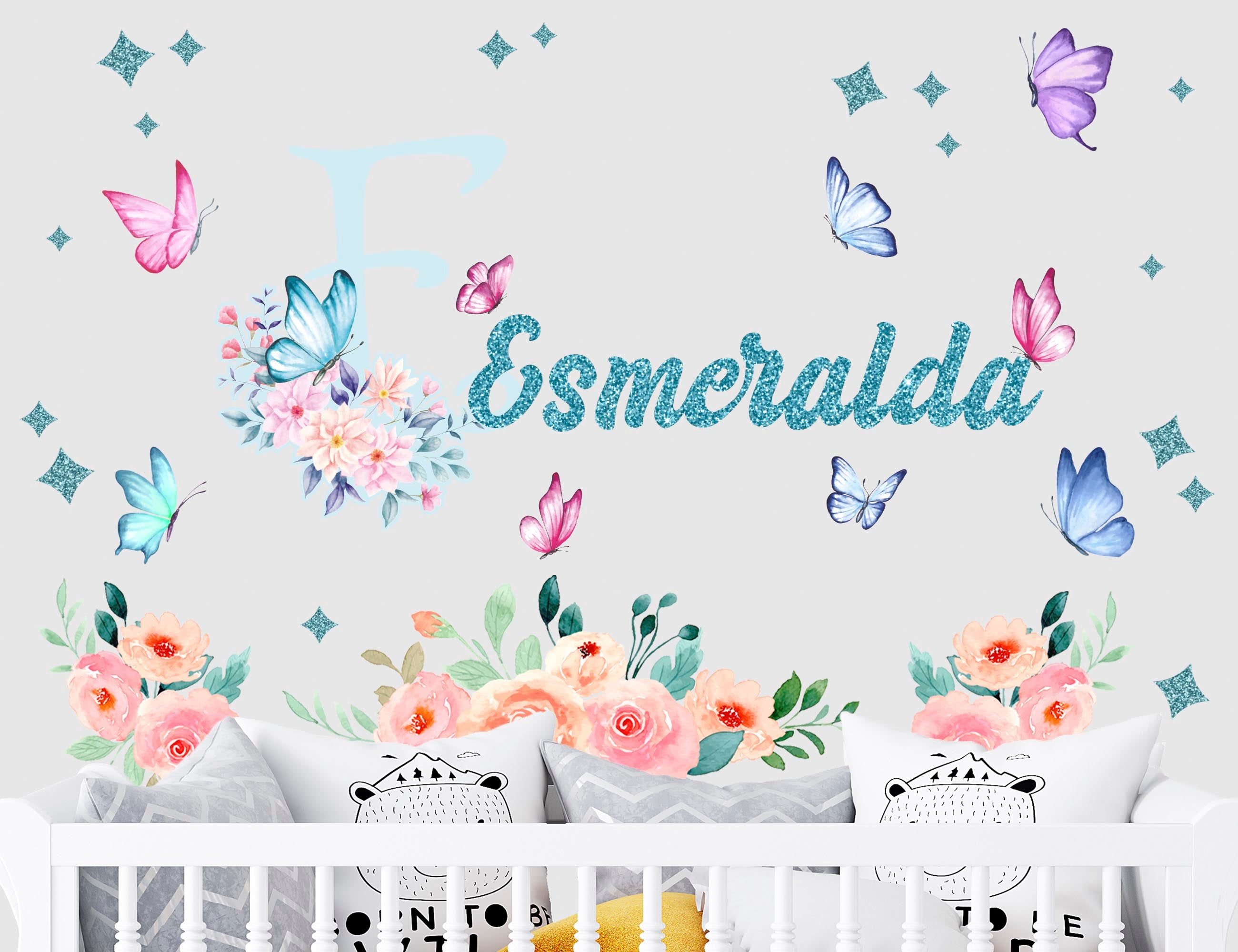 Flower Decals for Walls - Butterfly Stickers - Upgrade Your Custom Name