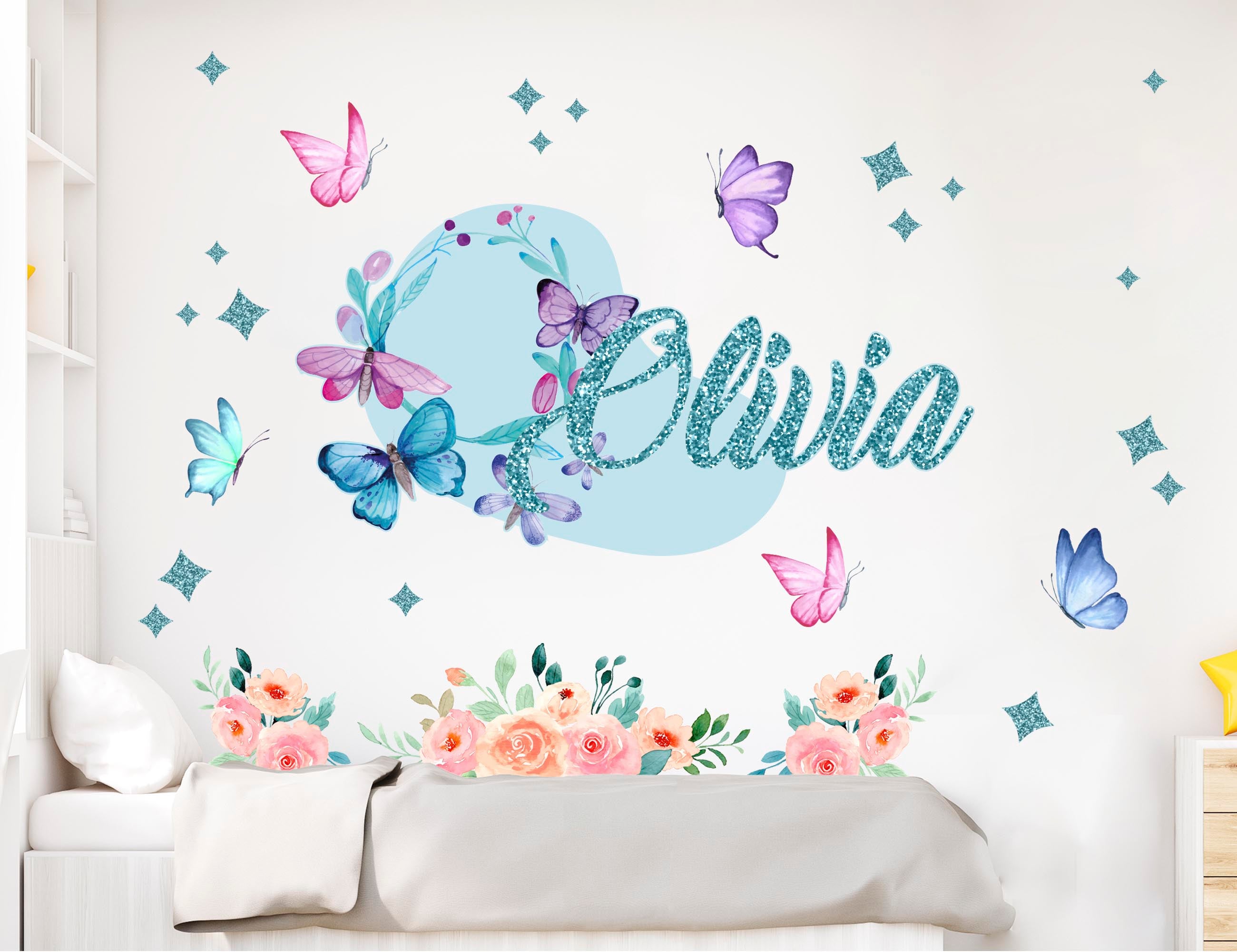 Flower Decals for Walls - Butterfly Stickers - Upgrade Your Custom Name