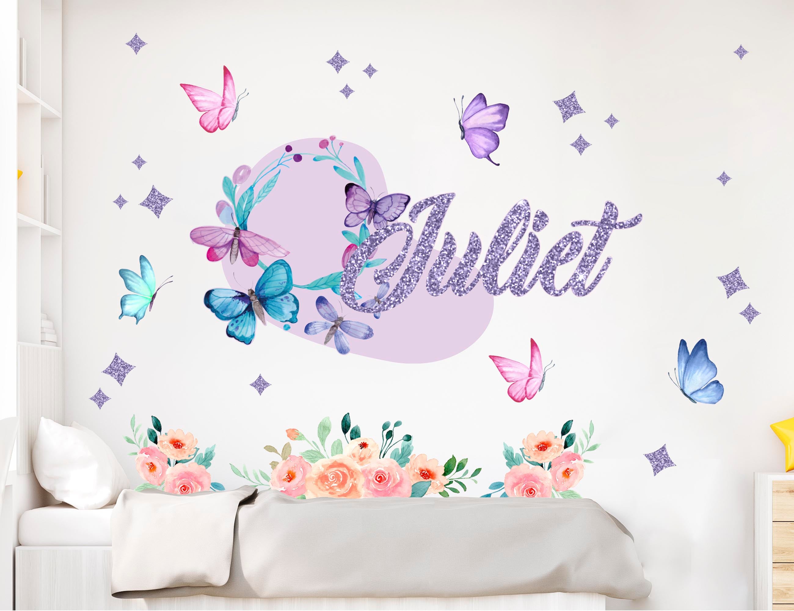 Flower Decals for Walls - Butterfly Stickers - Upgrade Your Custom Name
