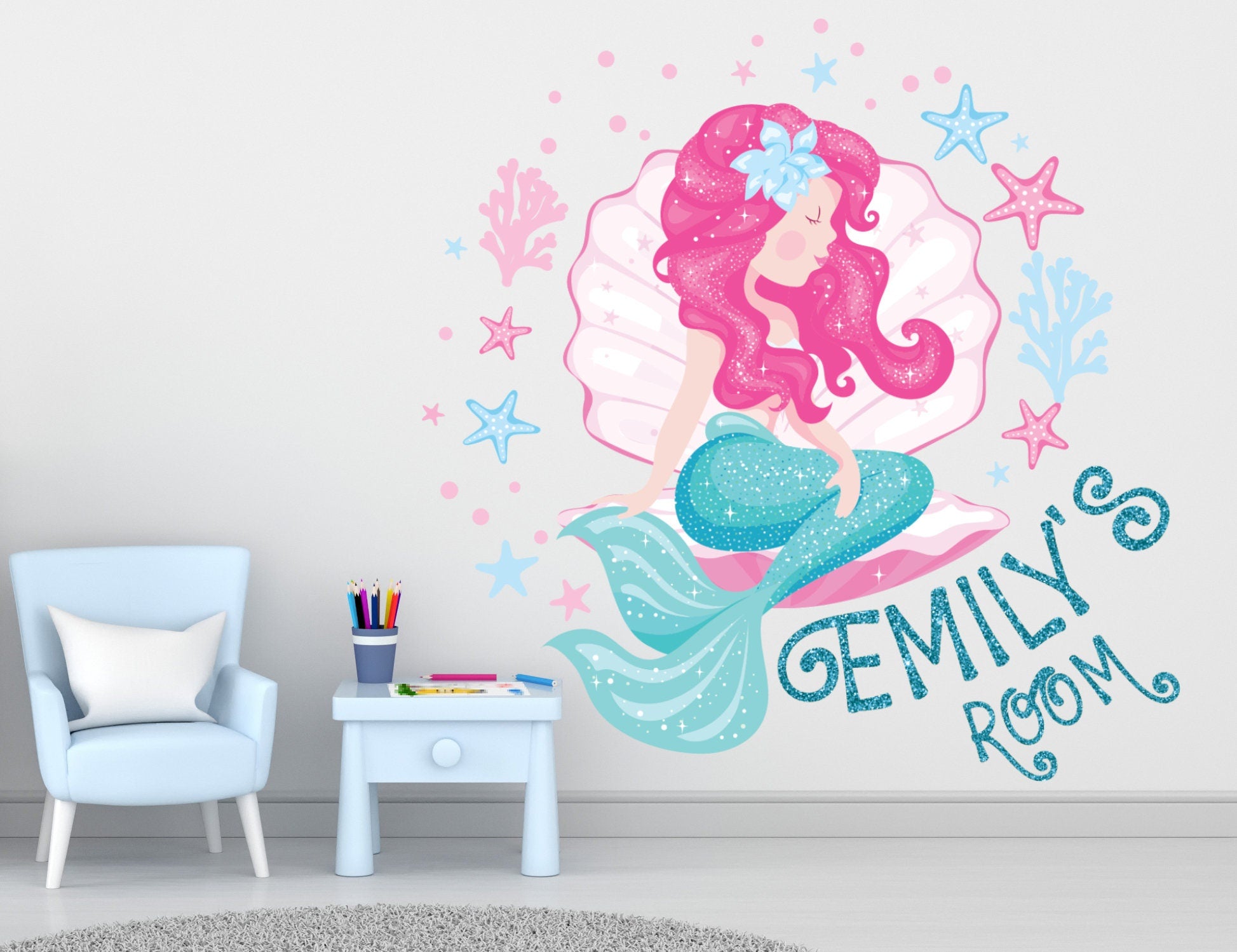 Decoração de Parede Pequena Sereia para Quarto de Meninas - Grandes Autocolantes de Cauda de Sereia para Decoração de Quarto - Autocolante Personalizado com Nome Rosa para Quarto de Meninas Bebé