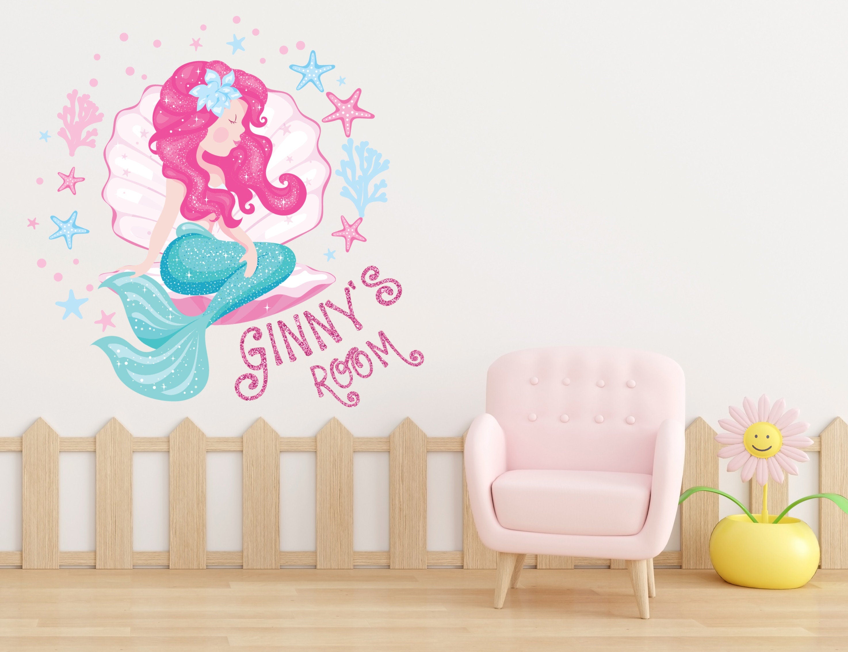 Decoração de Parede Pequena Sereia para Quarto de Meninas - Grandes Autocolantes de Cauda de Sereia para Decoração de Quarto - Autocolante Personalizado com Nome Rosa para Quarto de Meninas Bebé