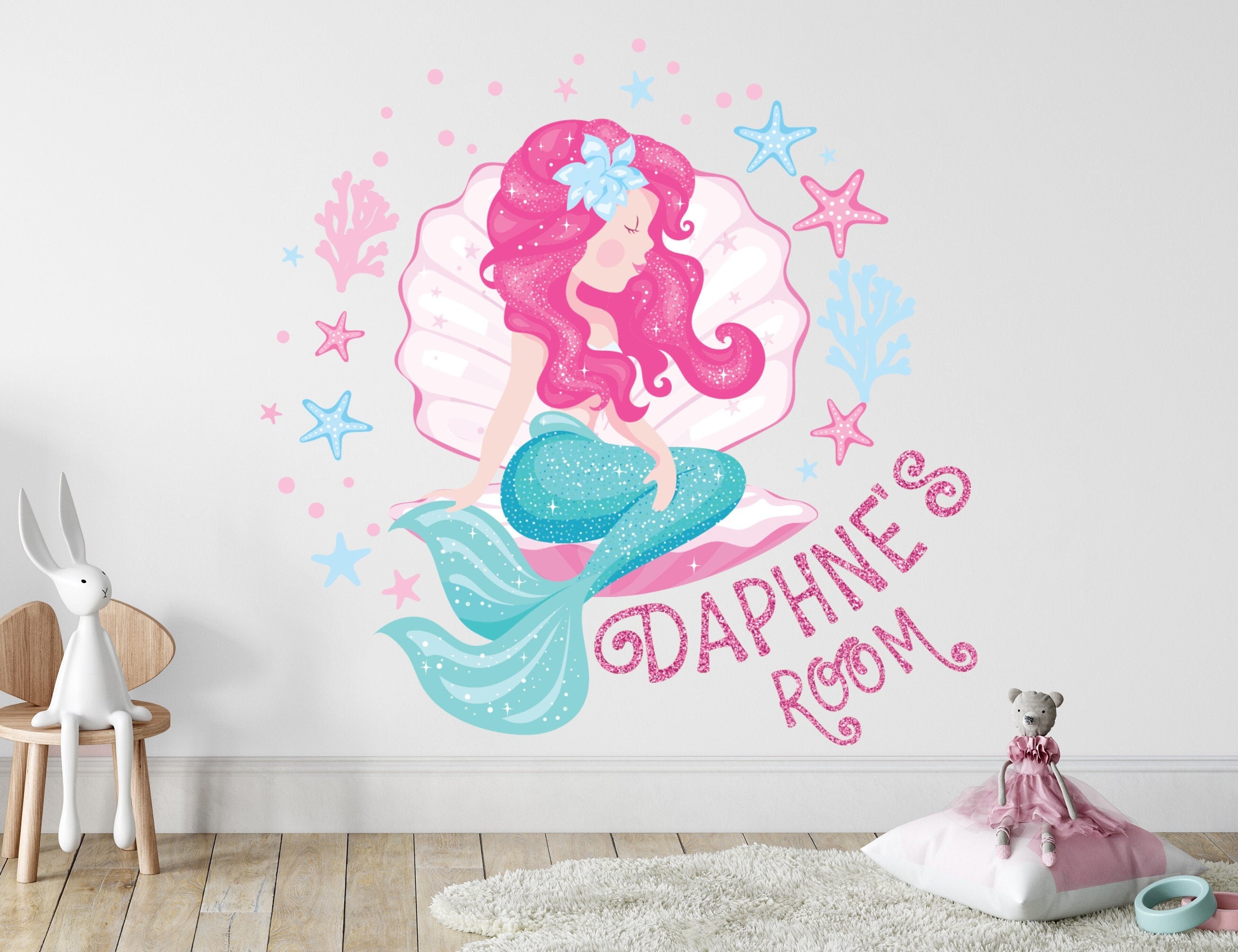 Decoração de Parede Pequena Sereia para Quarto de Meninas - Grandes Autocolantes de Cauda de Sereia para Decoração de Quarto - Autocolante Personalizado com Nome Rosa para Quarto de Meninas Bebé