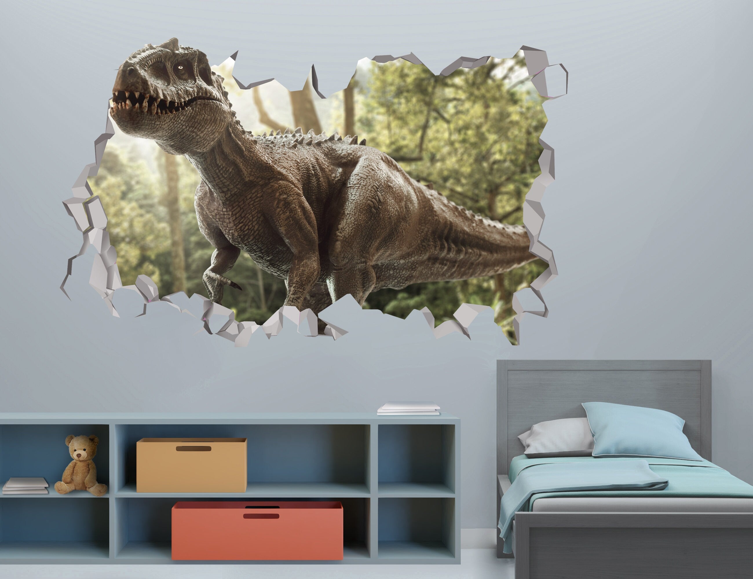 Autocolante de Parede de Jurassic Rapto 3D - Autocolantes de Dinossauro - Decoração de Parede de Dinossauro - Decoração de Quarto Infantil - Decoração de Casa - Arte de Parede Imprimível - Arte de Parede 3D
