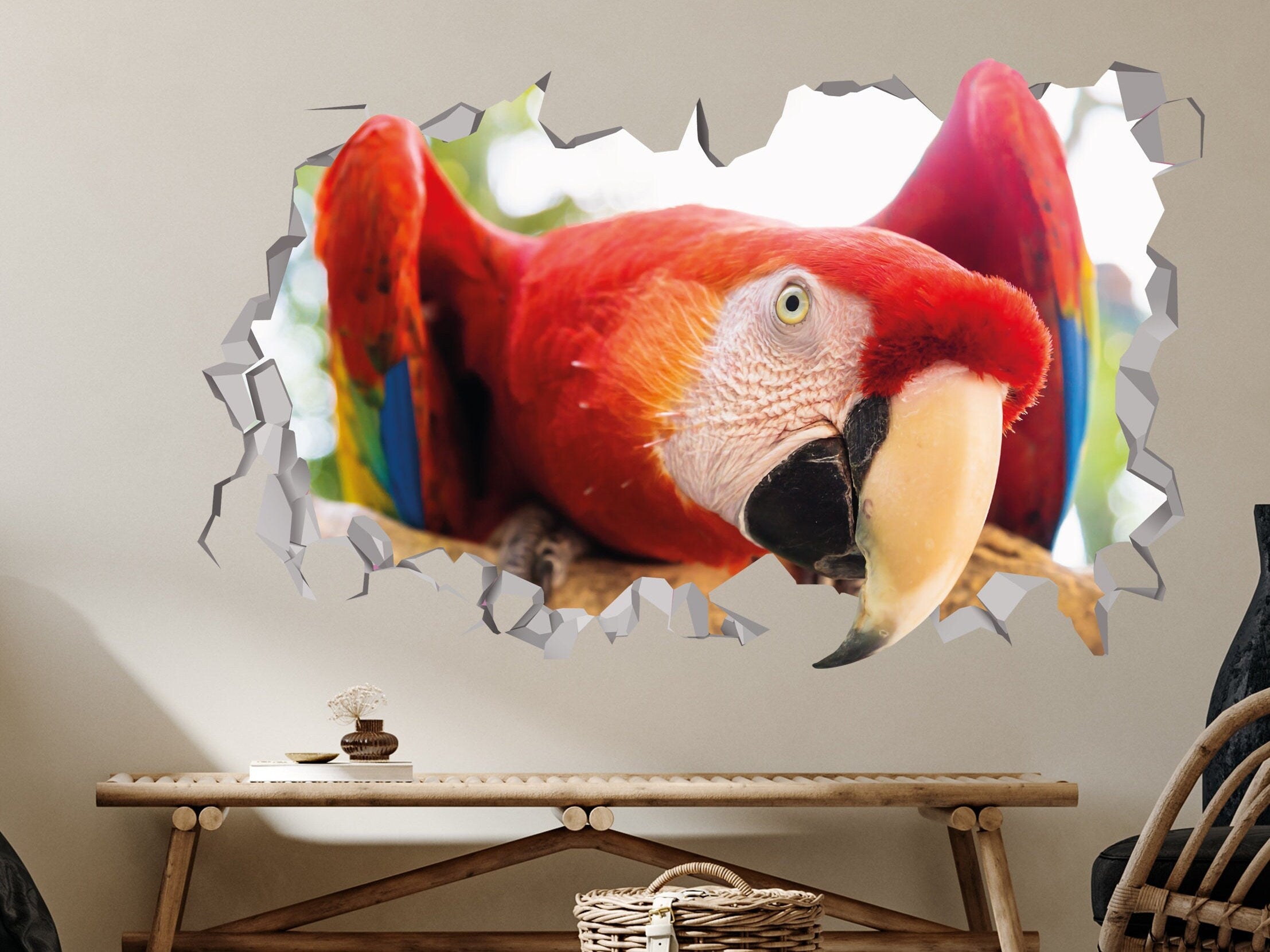 Nome Decalque de Parede de Arara - Autocolante de Arara - Arara Vermelha e Amarela - Encanto Escarlate de Arara - Ornamento de Arara - Arte Decorativa de Arara 3D - Animal Tropical Arara