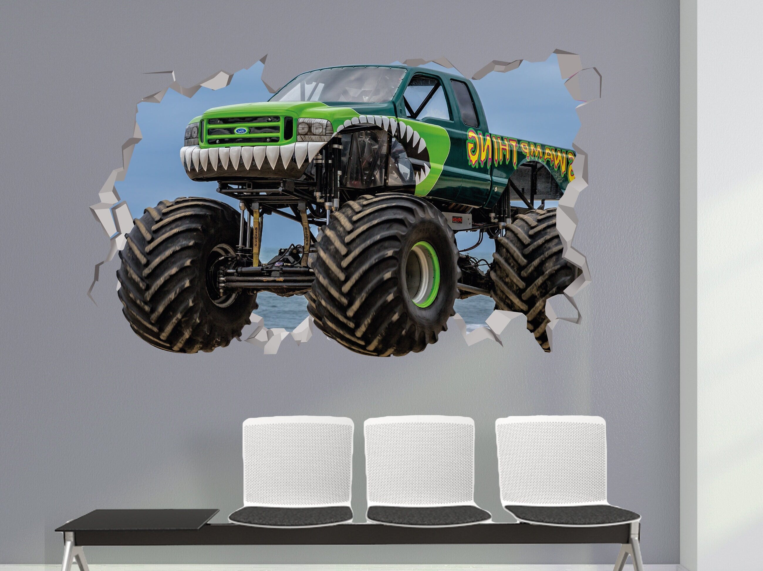 Autocolante de Parede de Monster Truck - Desenho de Monster Truck - Arte Decorativa de Autocolante de Monster Truck - Festa de Monster Truck - Casa de Banho de Monster Truck - Carro 3D Verde