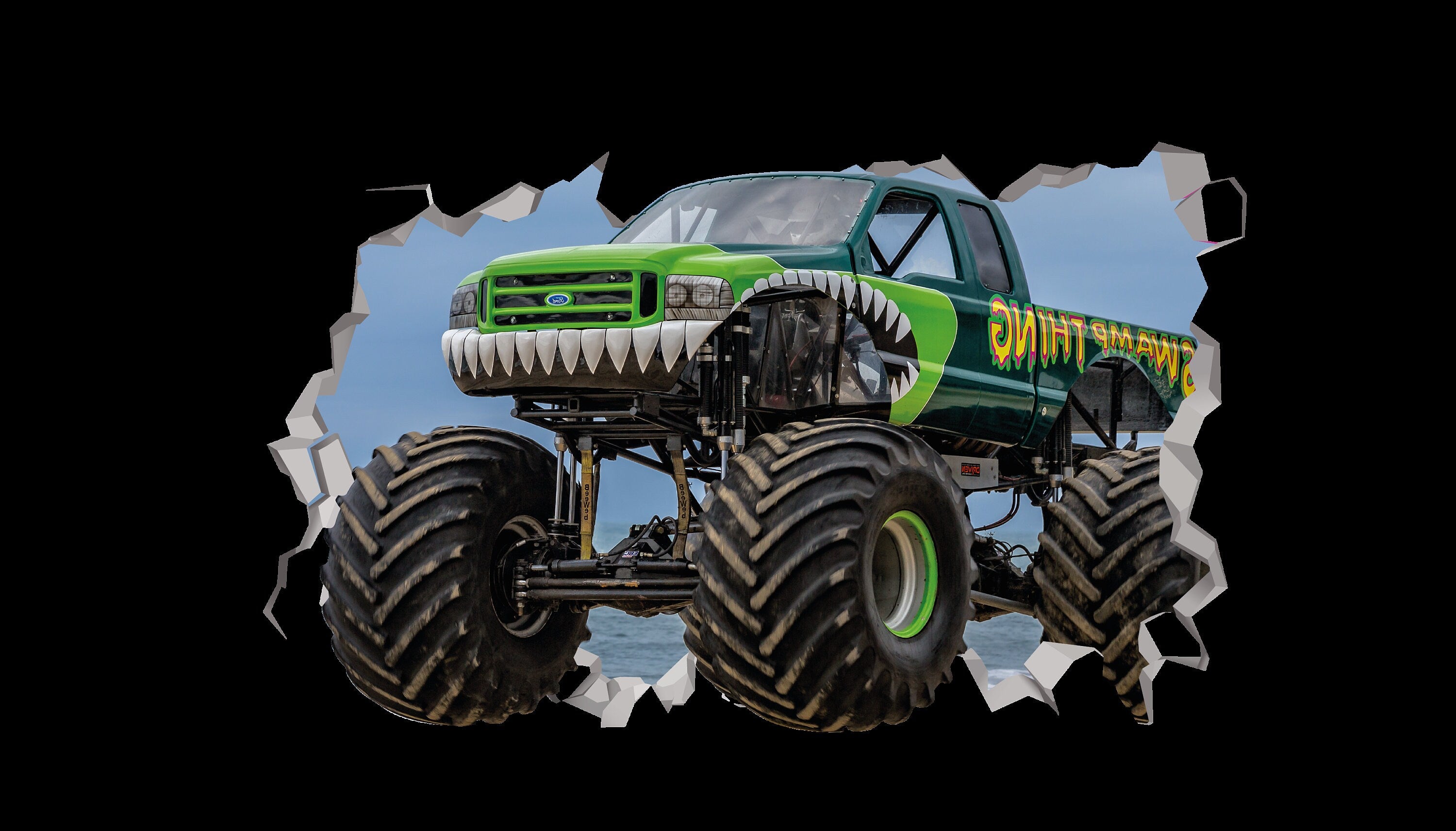 Autocolante de Parede de Monster Truck - Desenho de Monster Truck - Arte Decorativa de Autocolante de Monster Truck - Festa de Monster Truck - Casa de Banho de Monster Truck - Carro 3D Verde