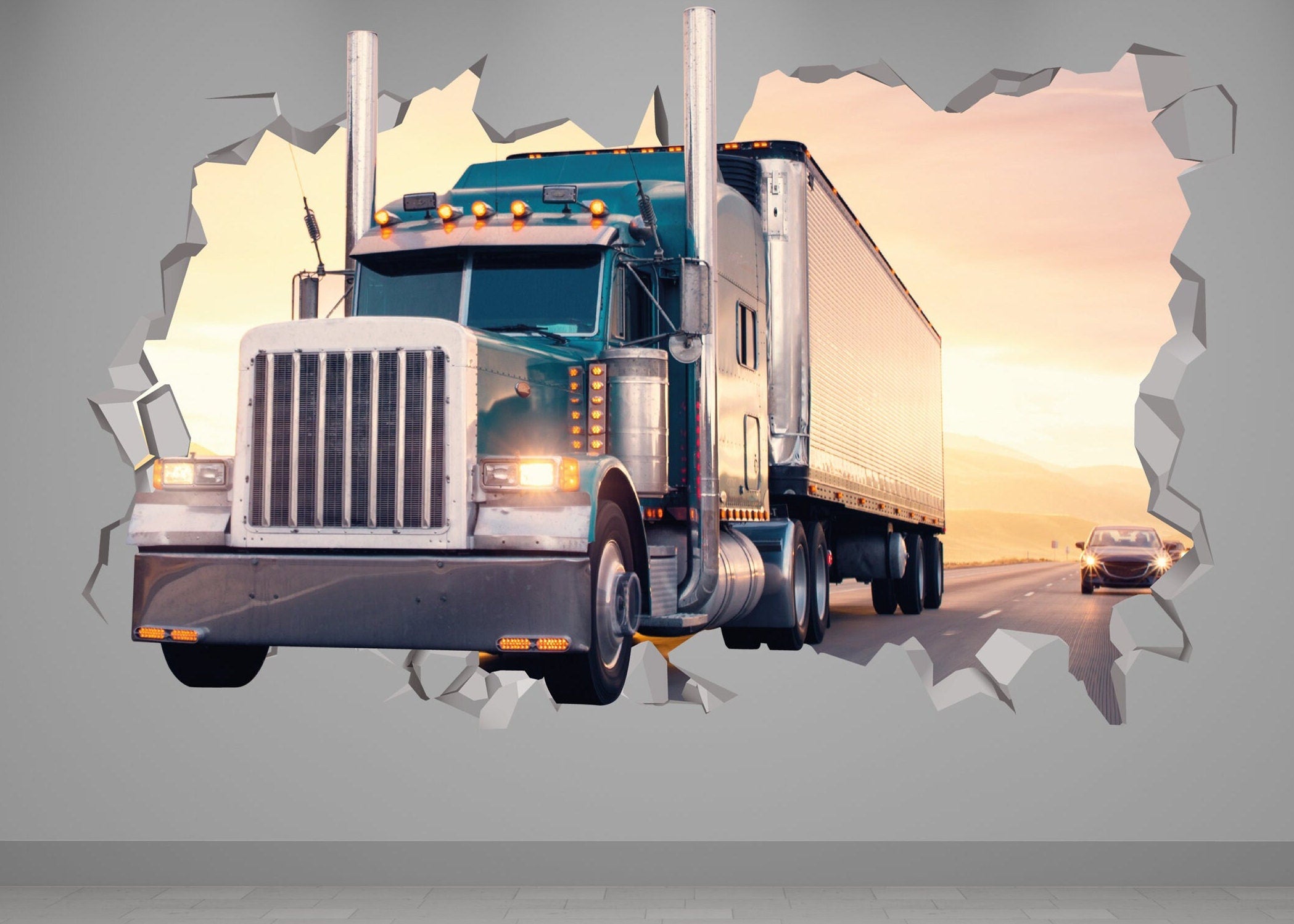 Truck 4k Wall Decal - Truck Decor Art - Truck Bathroom - Car Truck Driver Stickers - Monster Truck Custom Vinyl Decal - Truck Trip Sunset