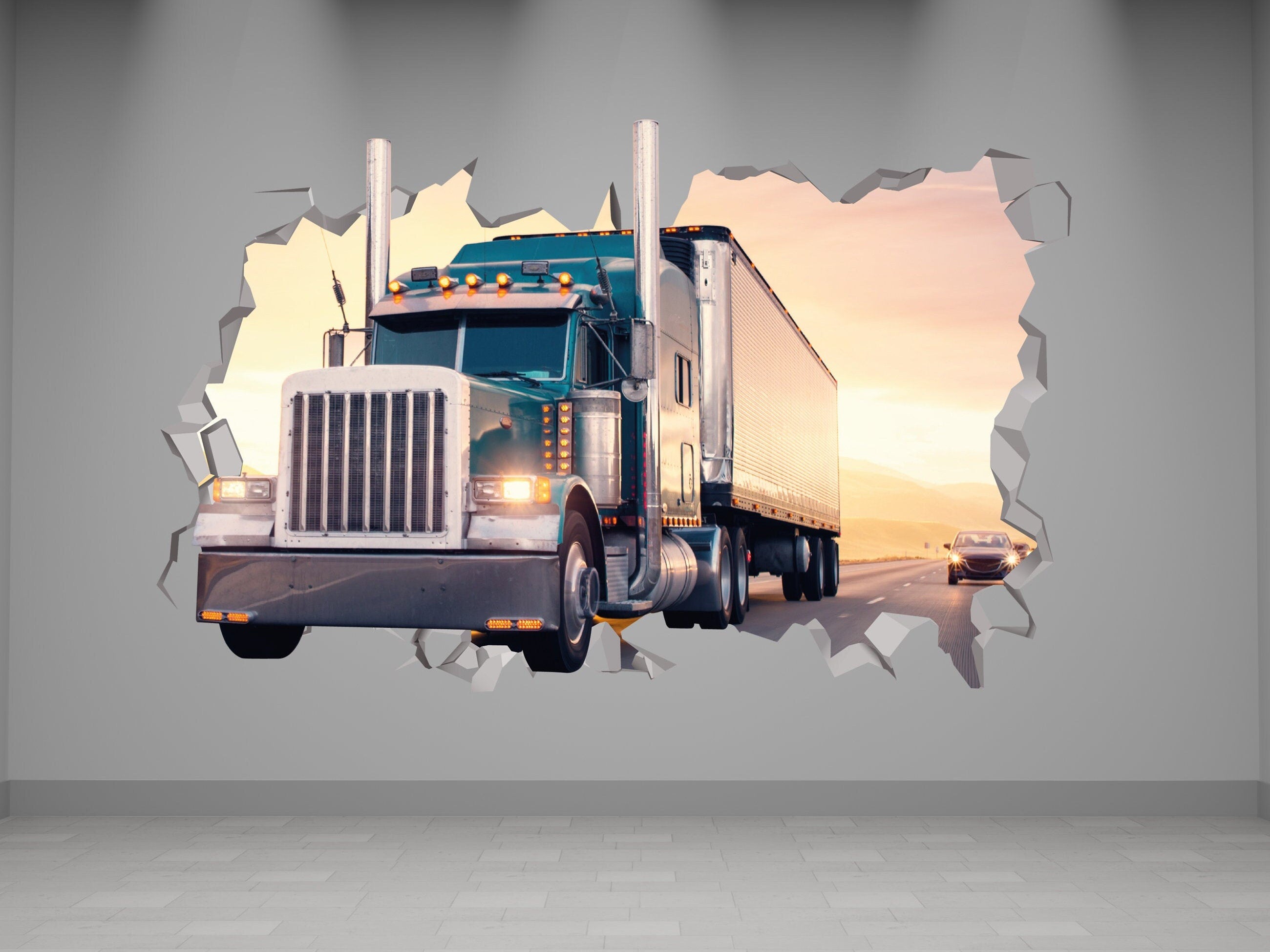 Truck 4k Wall Decal - Truck Decor Art - Truck Bathroom - Car Truck Driver Stickers - Monster Truck Custom Vinyl Decal - Truck Trip Sunset