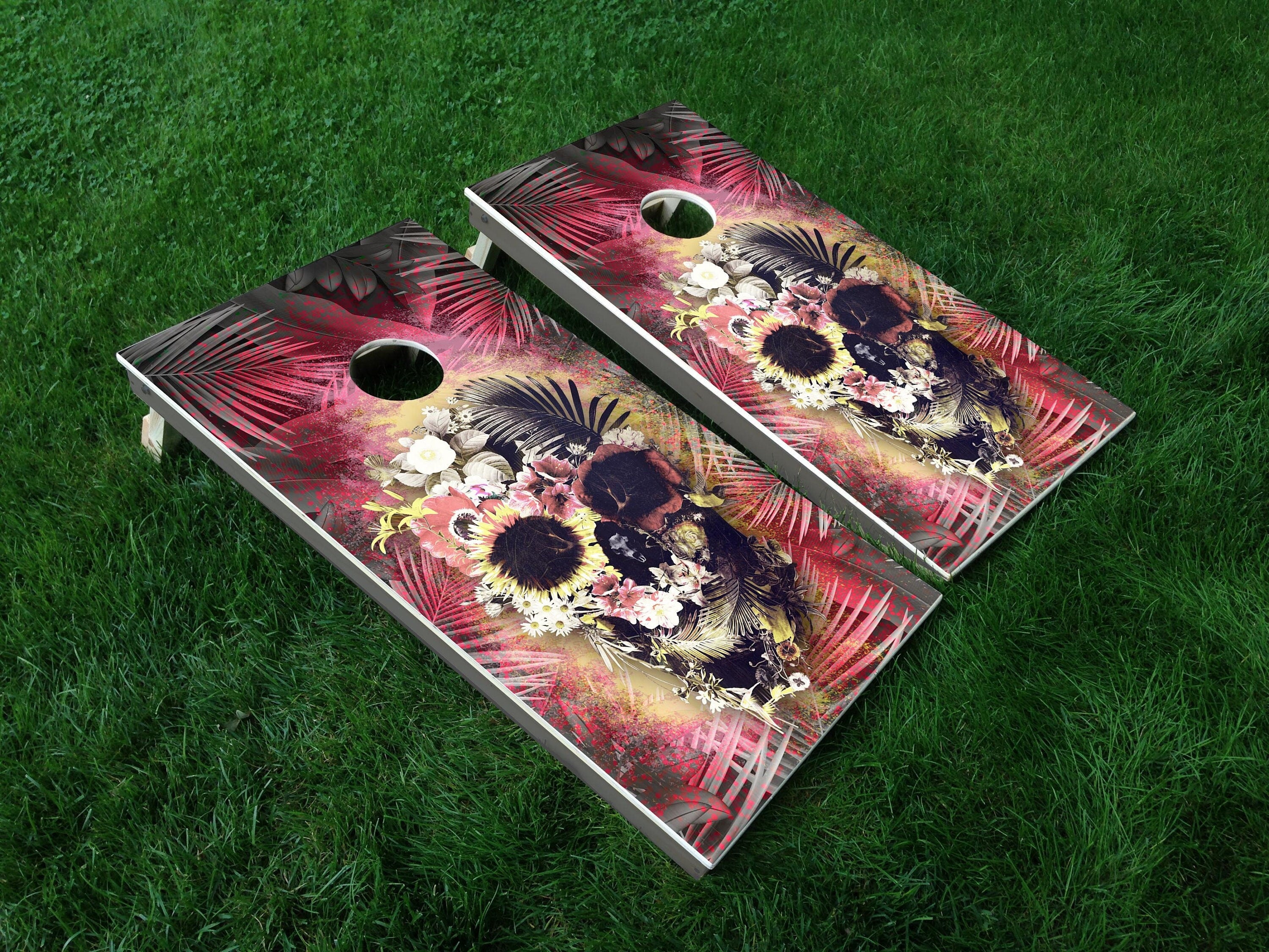 Flower Skull Cornhole Boards Wrap Decal Sticker 3D Texture Single - Laminated - Skin Custom Vinyl Cornhole Board